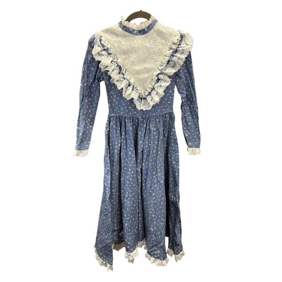Vintage Sabrina Prairie Dress Blue Floral Lace Trim Cottagecore USA Made Sz 10 - Picture 5 of 12
